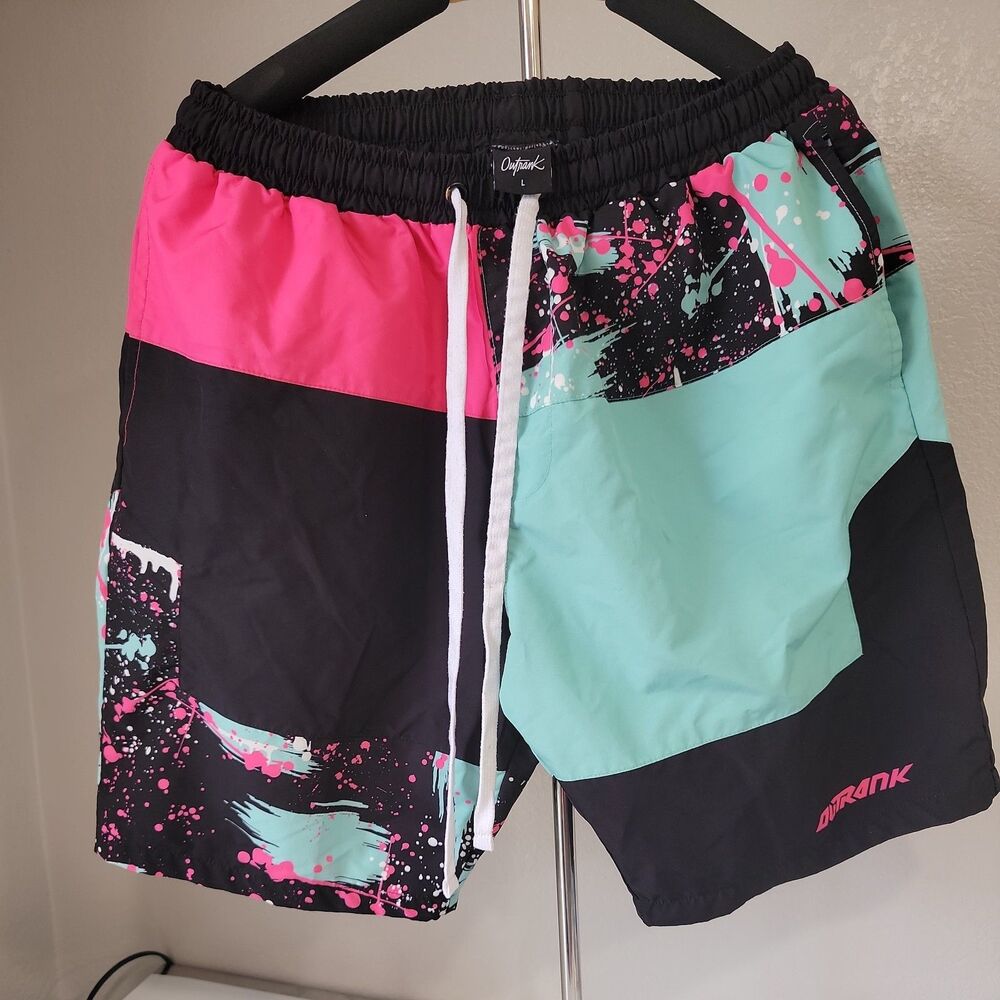 Outrank Men’s Swim Trunks Size L Pink Black Mint Colorblock Board Shorts